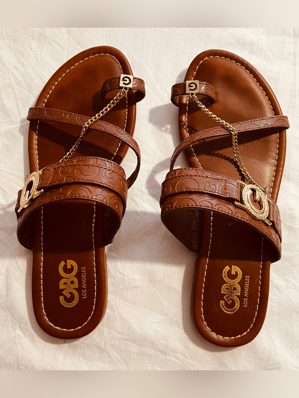 GBG Los Angeles Brown Leather-Look Chain Strap Sandals